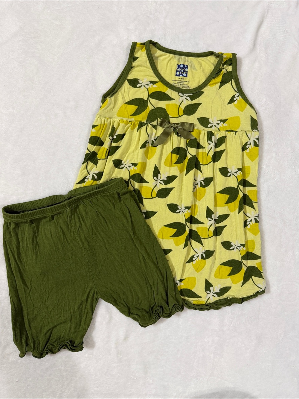Kickee kids Lemon-Print Tank with Olive ruffle Trim shorts 8